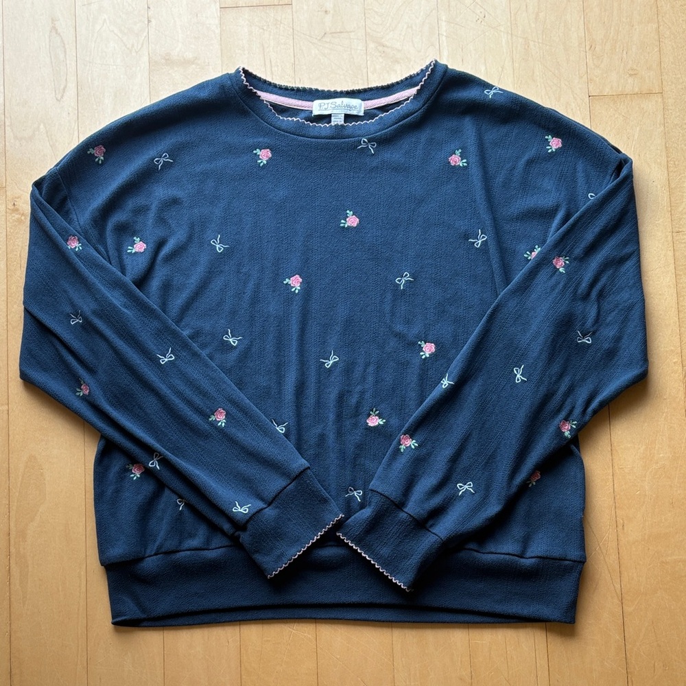 P.J. Salvage Navy and Pink Embroidered Top